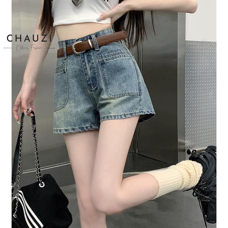 Quần Short Denim Chauzi Lưng Cao Phối Túi Trước Cho Nữ Cao Cấp Quần Eo Cao Nhỏ Thời Trang Women Pants quần jean