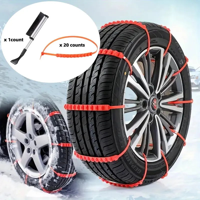 Universal Off-road Car Snow Tire Anti-skid Chain & Retractable Snow Shovel Set, Durable Rolled Belt & Car Windshields Snow Brush Set for Winter 4