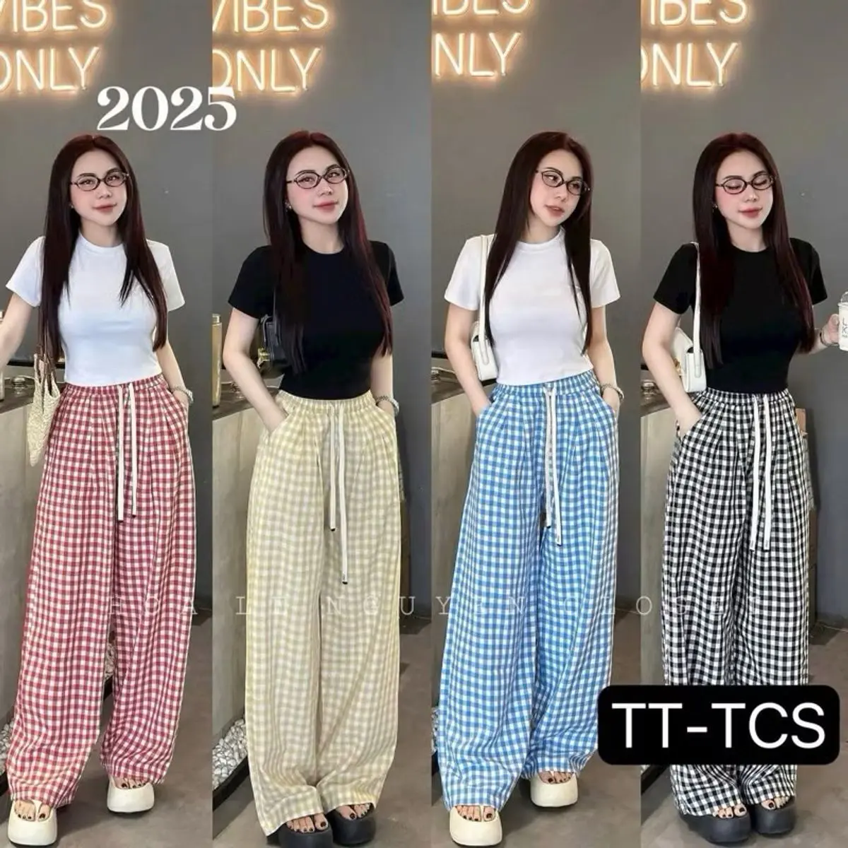 HOT Quần Ống Suông Rộng Kẻ Caro Ô to nữ tính mùa hè mát mẻ