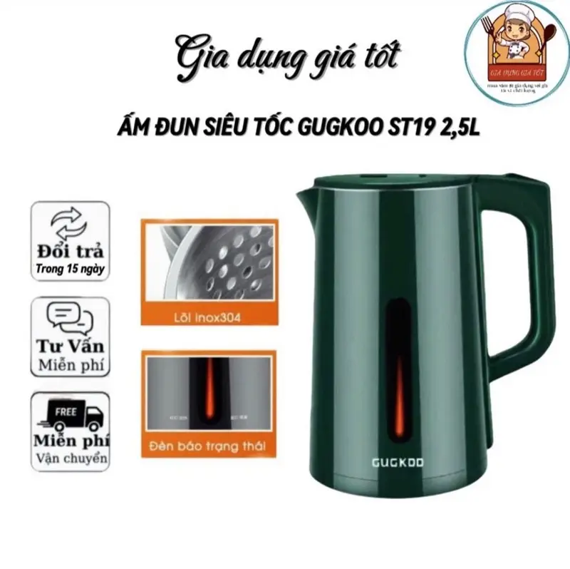 Ấm Siêu Tốc Đun Nước Siêu Nhanh GUGKDD ST19 Dung Tích 2,5L - Công Suất 1500W -Chất Liệu INOX 304 An Toàn - 2 Lớp Cách Nhiệt Tự Ngắt Khi Sôi giadung thong Ấm Đun Siêu Tốc Bình Đun Nước 1