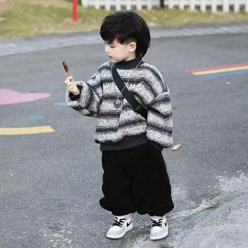 Bộ Đồ Lót Lông Cừu Mùa Đông, Cho Trẻ Em Mẫu Giáo, Ngầu Và Hoang Dã, Áo Hoodie Bé Trai, Quần Ống Côn Dáng Rộng Đi Chơi Bộ Đồ Hai Mảnh, Thời Trang 1