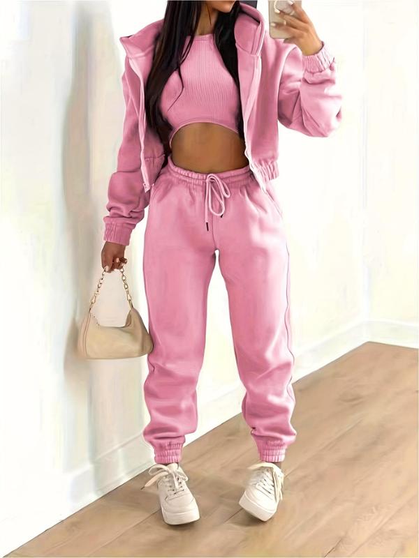 Women's Solid Pants Set, Casual Round Neck Crop Top & Drawstring Waist Pants & Zipper Hoodie, 2 Piece Sets Women, Co Ords for Women, Spring & Fall Outfits, Co-ords Set, Please Purchase A Size Up, Pink Two Piece Set Rave 2
