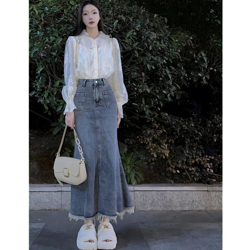 Váy denim Xanh Biển cổ điển dành cho phụ nữ, áo sơ mi, trang phục giản dị, che hông, quần áo mùa xuân, eo cao mới, váy đuôi cá đa năng thanh lịch 4