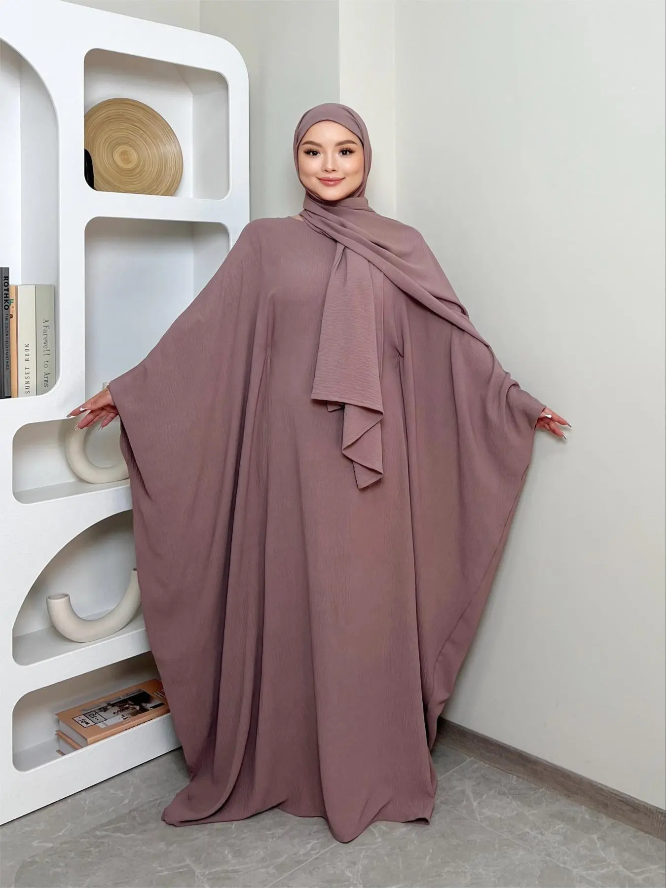 Women's Solid Color Zipper Front Batwing Sleeve Abaya & Hijab Two-Piece Set, Modest Long Sleeve Round Neck Maxi Abaya & Hijab, Women's Islamic Clothing for All Seasons