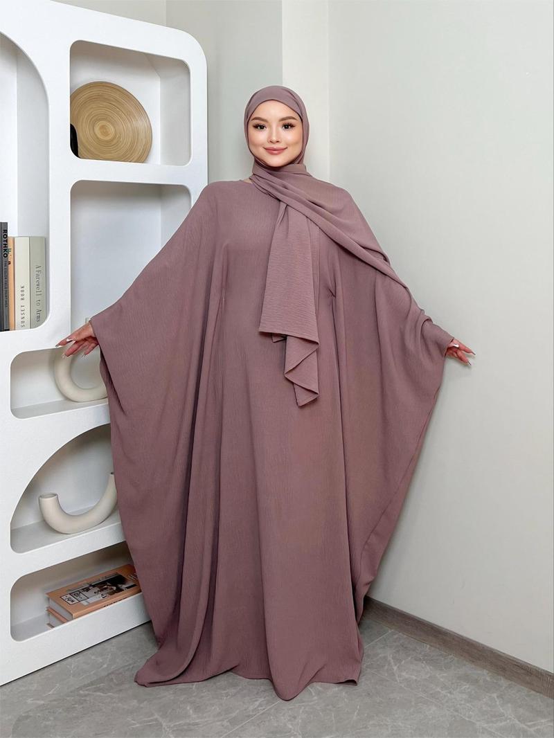 Product Introduction of Women's Solid Color Zipper Front Batwing Sleeve Abaya & Hijab Two-Piece Set, Modest Long Sleeve Round Neck Maxi Abaya & Hijab, Women's Islamic Clothing for All Seasons 1