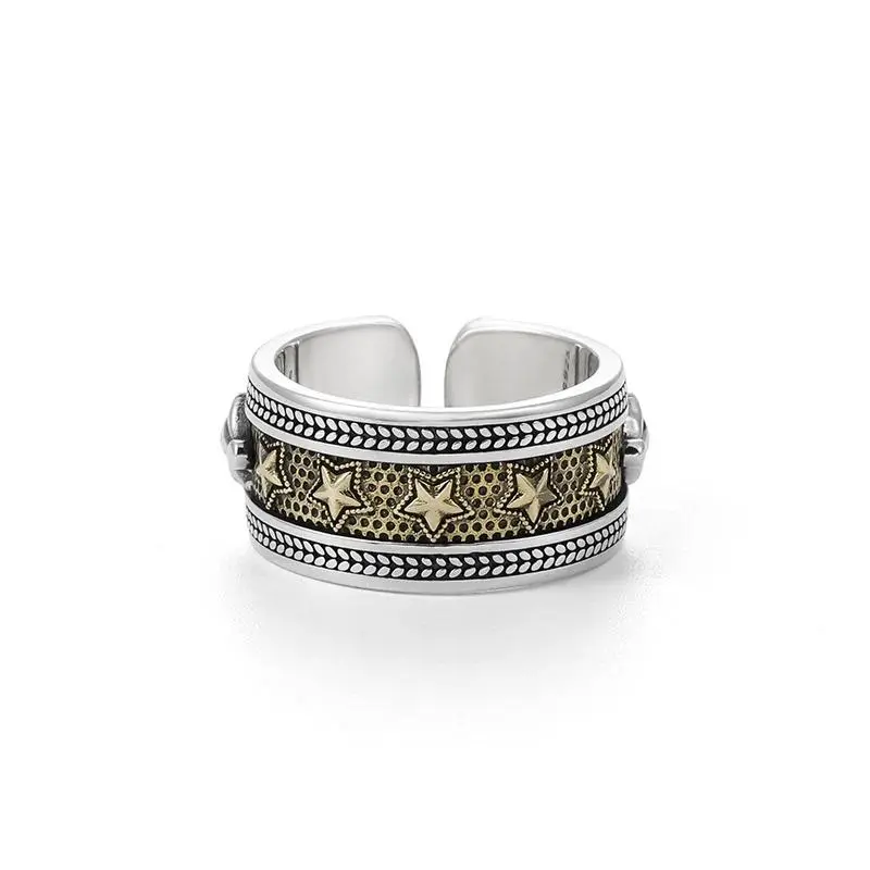New Silver Color Five Star Ring Men's Trendy Retro Vajra Stick Personalized Opening Adjustable Ring Jewel