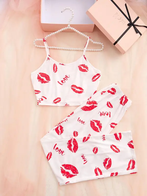 Women's All Over Lip Print Crop Cami Top & Pants Two-Piece Set, Casual Comfy Two-Piece Set for Home Wear, Summer Clothing Set for Women 4