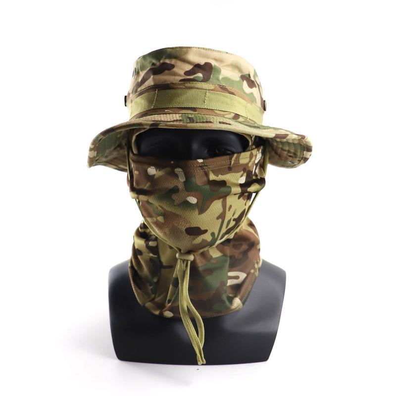 Camouflage round-edged hat Benny hat, long-distance hiking and fishing, outdoor sports, sun protection, UV protection, plaid brim and face, adjustable Benny hat and mask 0