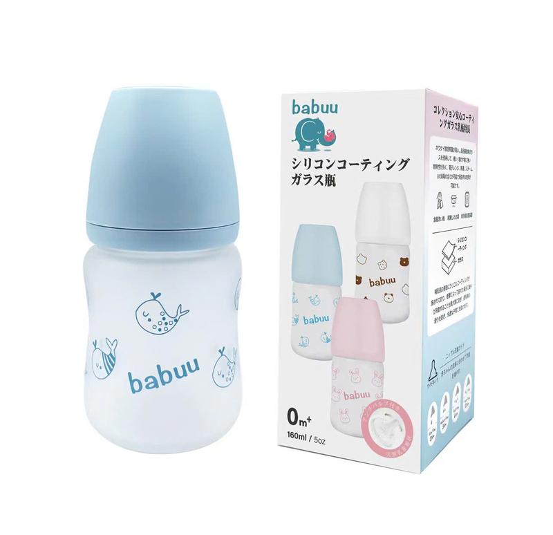 Bình sữa thủy tinh bọc silicone cho bé sơ sinh Babuu cổ rộng 160ml với núm ti siêu mềm và có thể điều chỉnh khớp ngậm cho bé 2