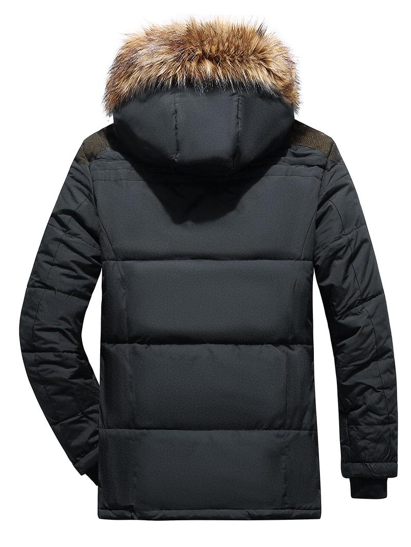 Product Introduction of Men's Contrast Faux Fur Trim Pocket Hooded Thermal Jacket, Regular Fit Casual Long Sleeve Button Front Warm Outerwear for Winter, Men's Clothes for Daily Wear 10
