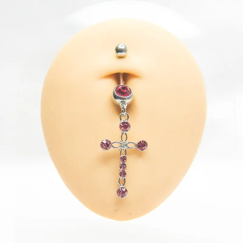 Anting Tindik Pusar (Perut)/Belly Piercing Motif Salib Permata Ungu Elegan Warna Silver