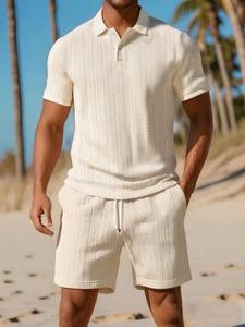 Two-Piece Set Men's Solid Color Textured Button Front Half Placket Polo Shirt & Drawstring Waist Shorts Set, Regular Fit Casual Comfy Breathable Short Sleeve Collared Top & Pocket Shorts for Daily Wear, Men Summer Clothing