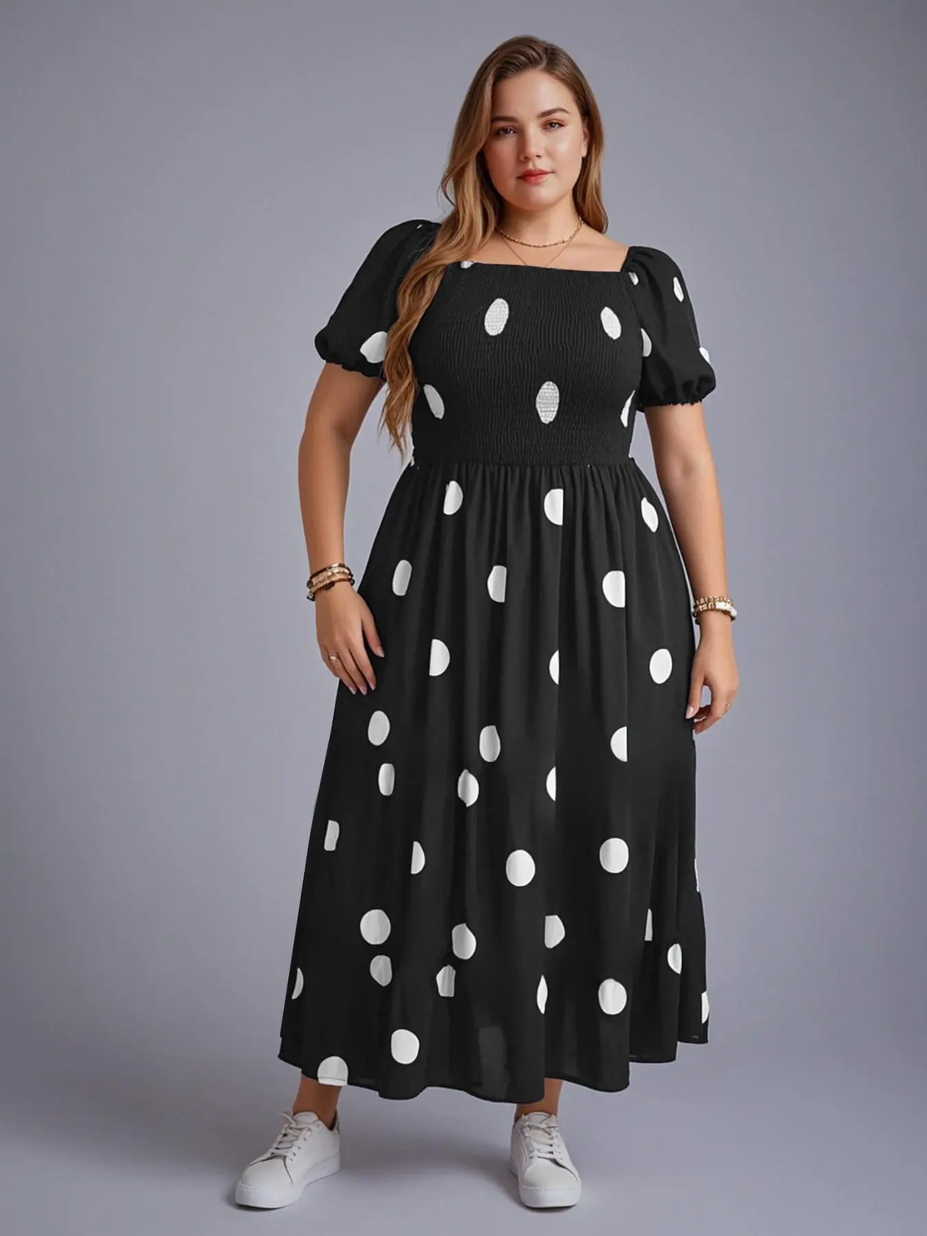 【Plus Size】Frenchy Style Ditsy Floral Print Puff Sleeve A Line Maxi Dress, Square Neck Shirred Dress, Dresses for Women, Dresses for Women, Women's Clothes for Summer, Summer Dresses