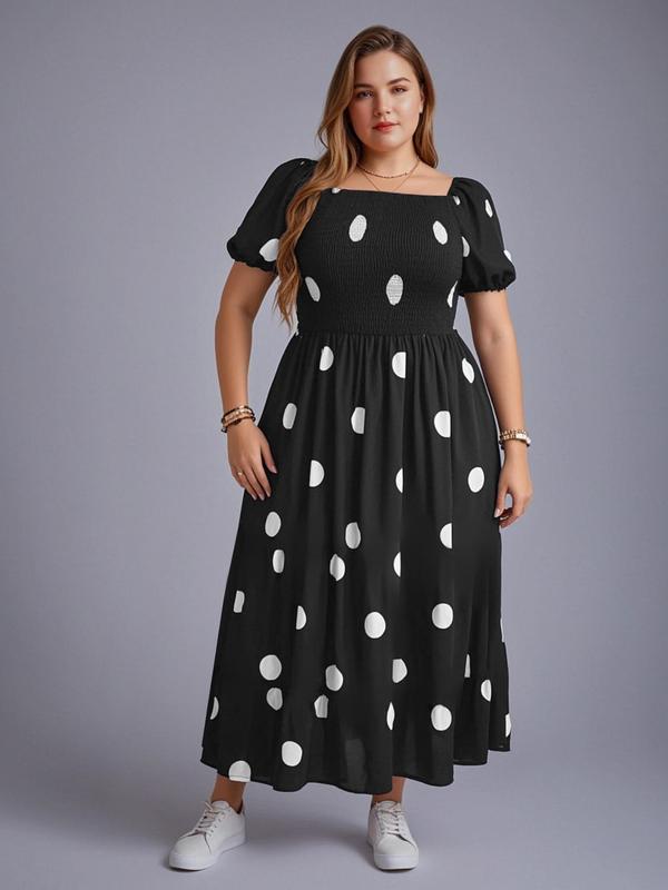 【Plus Size】Frenchy Style Ditsy Floral Print Puff Sleeve A Line Maxi Dress, Square Neck Shirred Dress, Dresses for Women, Dresses for Women, Women's Clothes for Summer, Summer Dresses, Womenswear 0