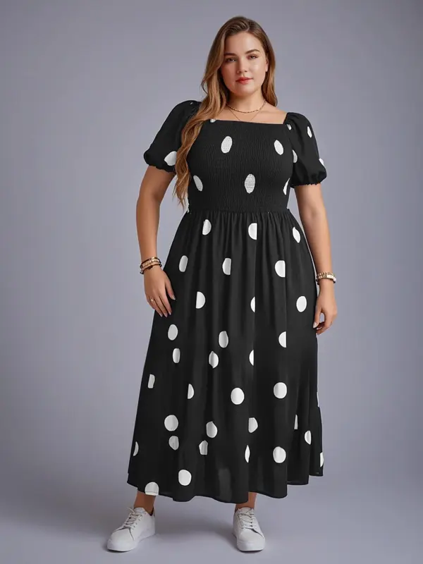 【Plus Size】Frenchy Style Ditsy Floral Print Puff Sleeve A Line Maxi Dress, Square Neck Shirred Dress, Dresses for Women, Dresses for Women, Women's Clothes for Summer, Summer Dresses, Womenswear 0