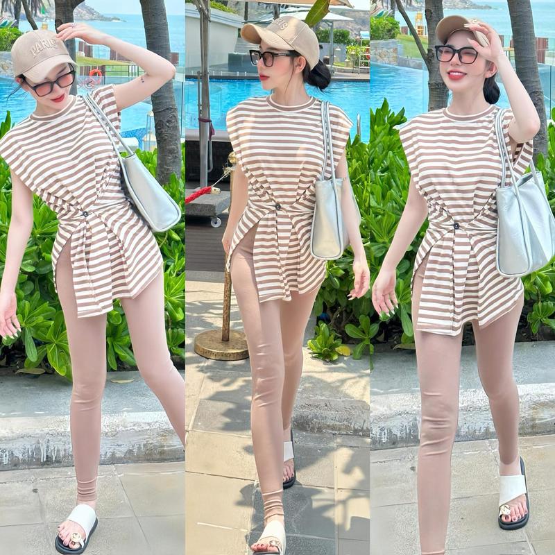 S26 - Set 2 Món Áo Sọc Đệm Vai Cài Nút +Quần Ôm Nữ Thun Voi Women