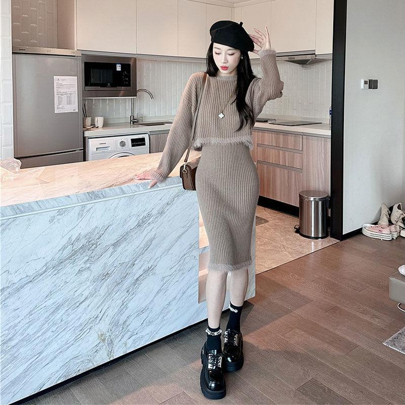 Quần Áo Nữ, Phong Cách Hàn Quốc, Mùa Thu Và Mùa Đông, Phong Cách Pháp Mới, Áo Len Dệt Kim Dài Tay Áo, Bộ Váy Dài Một Nửa, Váy Ôm Sát