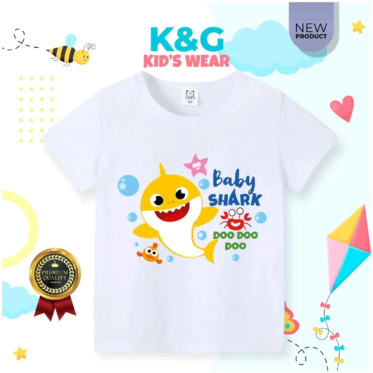 KEN14 KAOS ANAK MOTI BABYSHARK DOO Katun Santai Crew Neck Polos