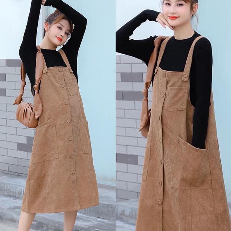 Váy Bầu Cao Cấp Nhung Tăm Yếm phối Áo thun co dãn váy mặc Thu Đông thoải mái đi chơi đi làm Nữ Dress Women