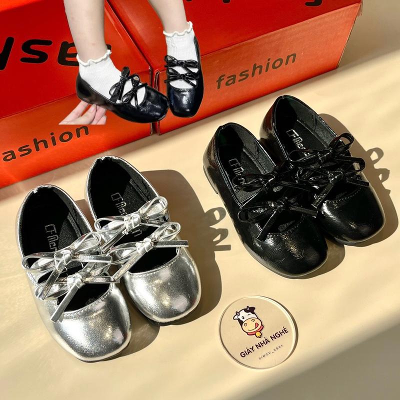 Giày Búp Bê Chất Liệu Da Nhăn Bóng Phối 2 Nơ Xinh Xắn Quai Chun Tiện Lợi Phong Cách Hàn Quốc Cho Bé Gái (G58)