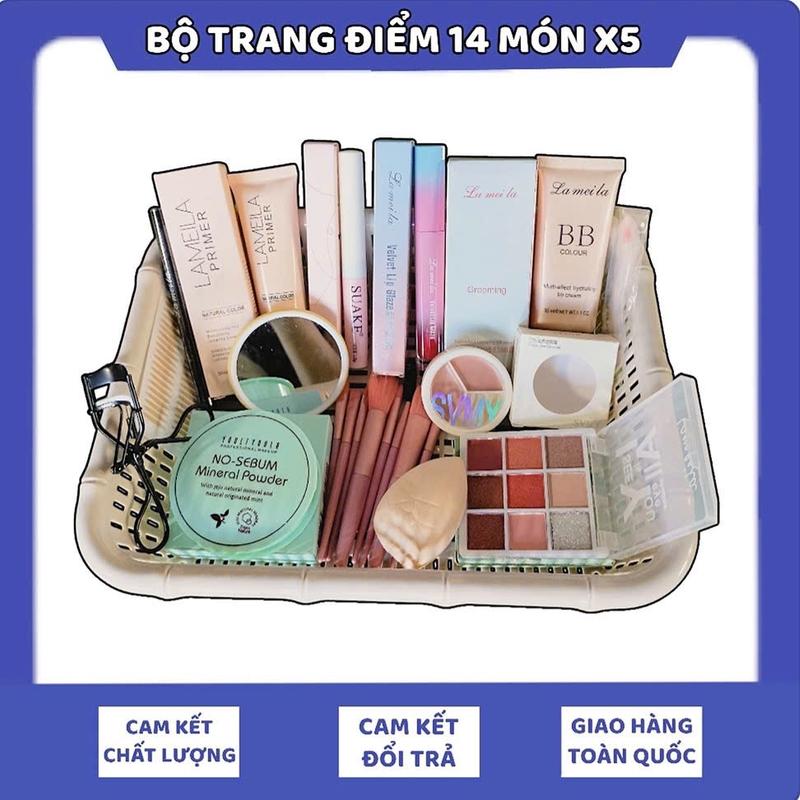 Bộ trang điểm đầy đủ 14 món X5 có Kem lót, chuốt mi suake, son lameila, kem nền, khuôn vẽ mày, che khuyết điểm, phấn mắt, bông, bộ cọ, phấn phủ, gương, kẹp mi, dán kích mí, kẻ mắt