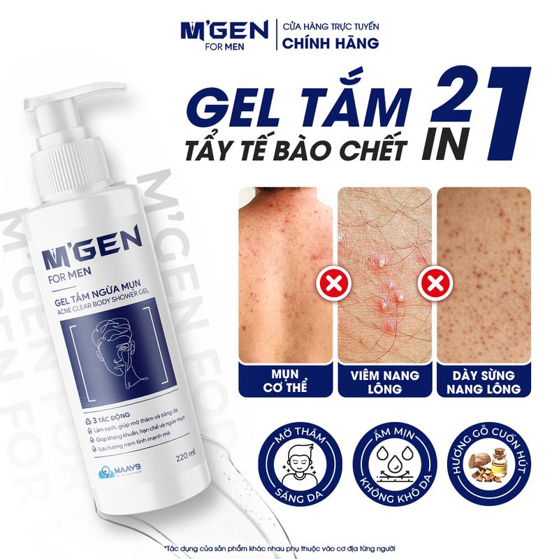 Sữa tắm nam Tẩy Tế Bào Chết MGEN, sữa tắm nam giảm mụn, mờ thâm, sáng da, ẩm mịn, an toàn lành tính 220ml dạng gel