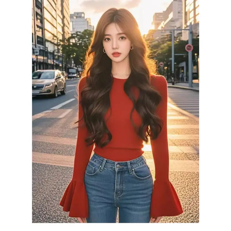 Áo Tay Loe Màu Đỏ, Độc Đáo Và Tuyệt Đẹp, Dành Cho Nữ, Bộ Sưu Tập Mùa Xuân, Cao Cấp Và Thanh Lịch, Mỏng Vừa Vặn, Áo Lớp Nền Top Women 8