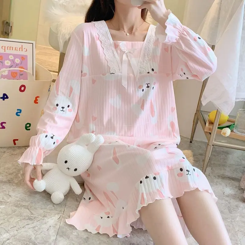 Váy Ngủ Cho Nữ, Phong Cách Công Chúa Ren Mùa Thu, Dài Tay, Dễ Thương, Cỡ Lớn, Thích Hợp Cho Mùa Mùa Xuân Và Mùa Thu, Phong Cách Instagram, Thích Hợp Cho Học Sinh, Thiết Kế Hoạt Hình, Thích Hợp Cho Trang Phục Nhà Cửa Women Đầm Ngủ Dress Khuy