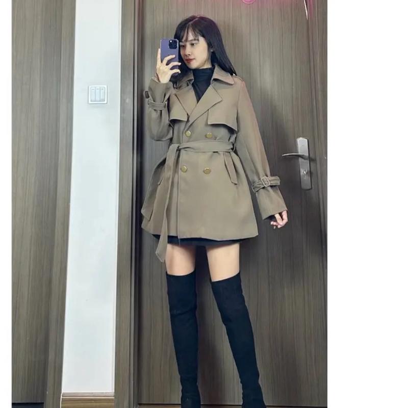 Áo măng tô kaki HINSTORE áo trenchcoat nữ dáng lửng chất dầy dặn thắt đai tay 172 Jacket Top 4