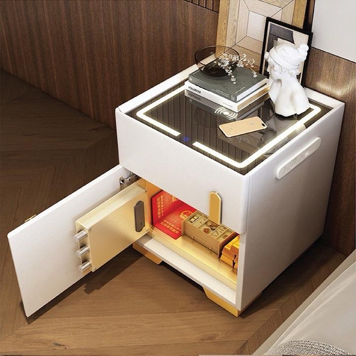 Tủ Đầu Giường Kèm Két Sắt Thông Minh, Khóa Vân Tay, Hiện Đại Đa Năng Sạc Không Dây + Loa bluetooth + Đèn led cảm ứng