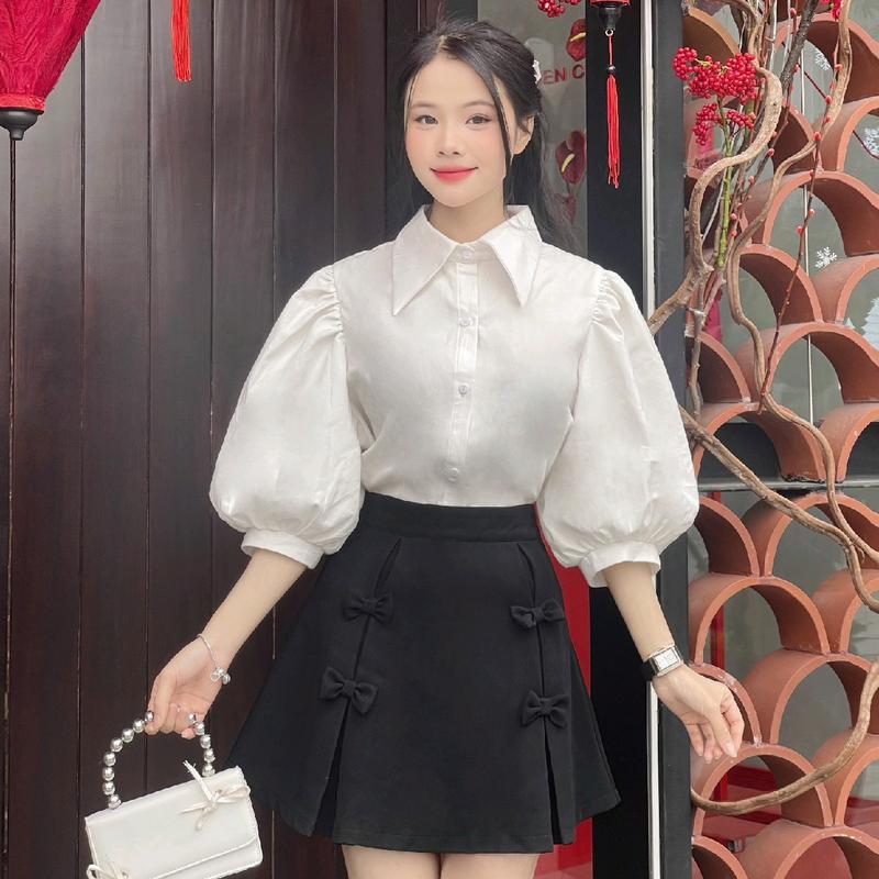 Set áo sơ mi chất thô xịn + chân váy nơ thiết kế Newly Nữ Women 0