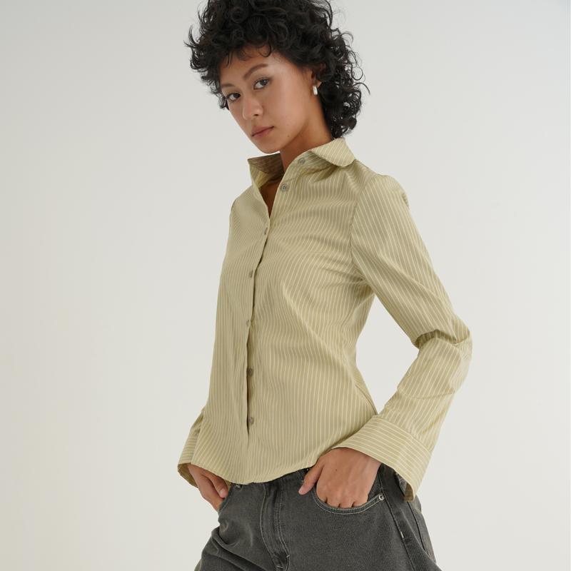  Áo sơ mi nữ kẻ Chiết Shirt dáng ôm chiết eo - oula studios 