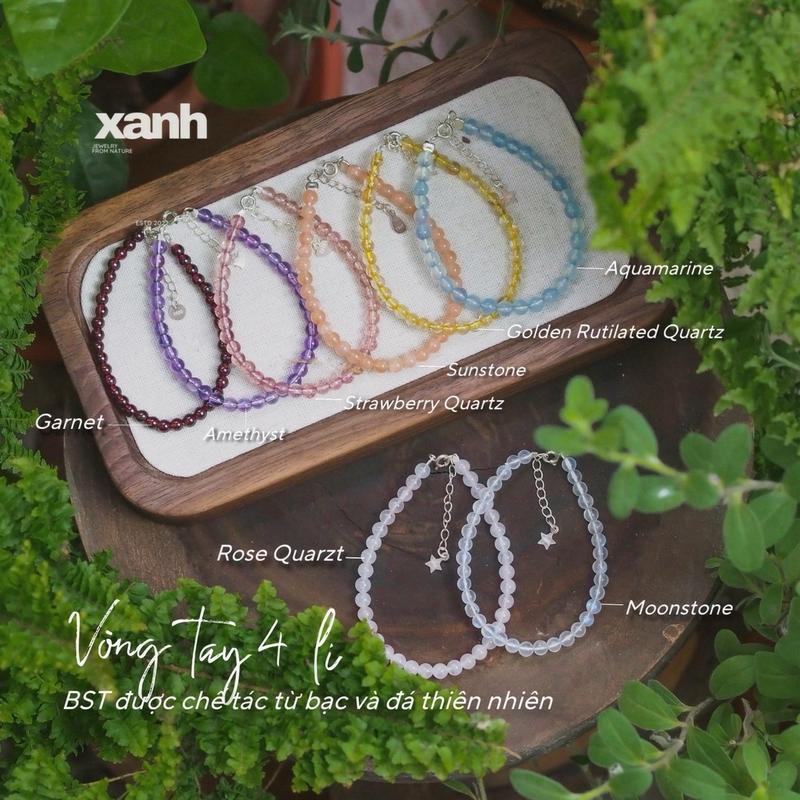 Vòng tay 4li mini đá thiên nhiên đa sắc thanh lịch dễ thương - Xanh Jewelry Rose quartz Aquamarine Moonstone Garnet Amethyst garnet sunstone