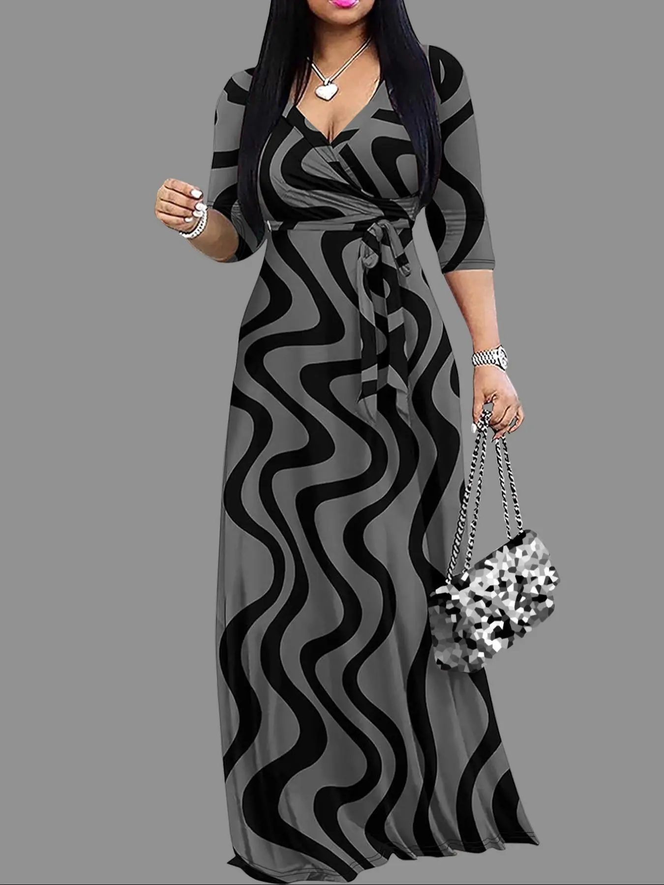 Women's All Over Print Tie Waist V Neck Dress, Casual Fashion Maxi Dress for Daily Outdoor Wear, Women Dress for All Seasons