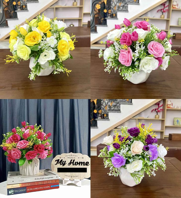 Hoa hồng tỉ muội 20cm cắm sẵn bình gốm sứ Bát Tràng - Hoa nhân tạo để bàn trang trí