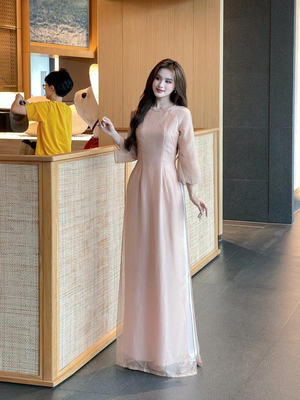 Fatraly-ADTK72 - Áo dài nữ 4 tà nâu trà sữa vải lụa tơ lót lụa Thái Tuấn cao cấp