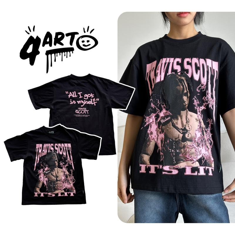 Áo thun 4Art TRAVIS SCOTT ITS LIT Cotton 2 chiều 235gsm Hình in lụa Oversized Unisex Màu Đen Top Cổ Tròn