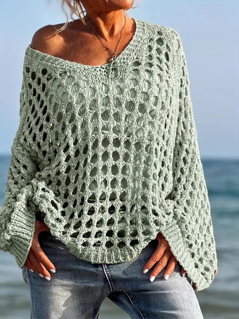 Product Introduction of Women's Plain Hollow Out Sweater, Casual   Long Sleeve Jumper for Summer, Fashion Women's Knitwear for Daily Wear 1