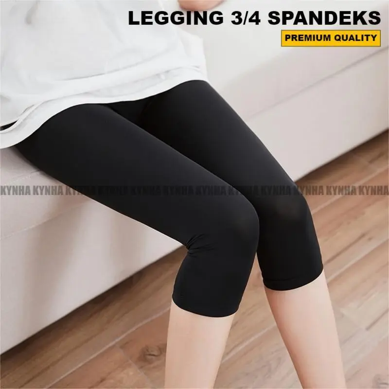 KYNHA Legging Wanita 3/4 Spandeks Licin Tebal Polos - Lejing Perempuan Dewasa Bahan Spandek Jersey Hitam