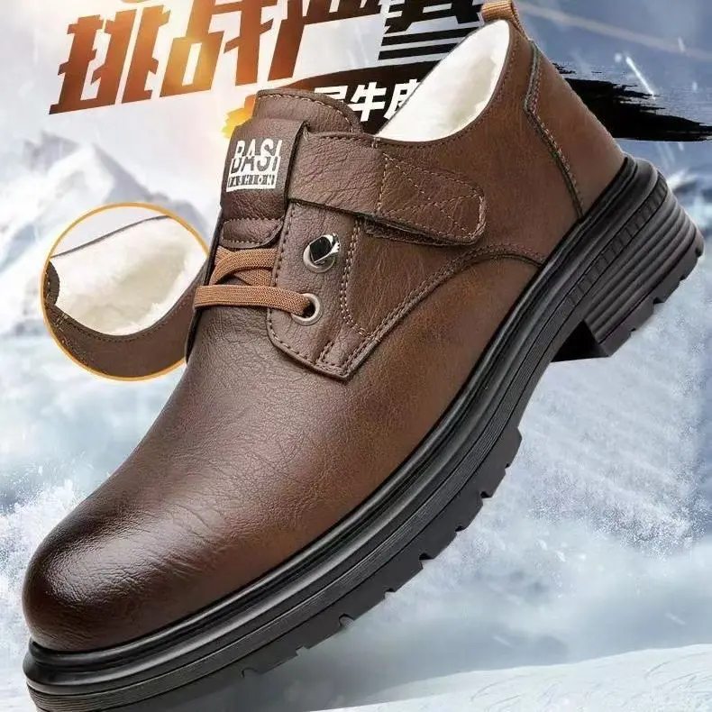 2025 New Leather Shoes with Fleece Lining, Thickened for Warmth, Versatile Business Casual Leather Shoes, Lace-up Soft Sole Low-top Work Shoes for Men