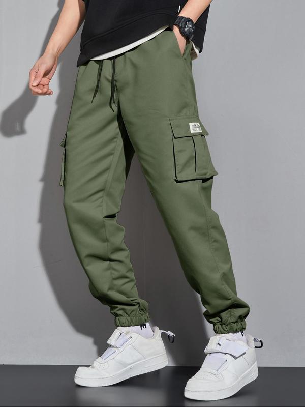 Men's Letter Patched Pocket Cargo Pants, Stylish Loose Drawstring Trousers, Drippy Outfits, Going Out Outfit, Menswear Clothing 7