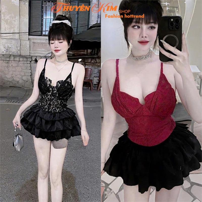 Set đồ nữ, Set đồ hot trend, Set áo 2 dây cúp ngực Ren có lót mix chân váy mini Voan tầng nhún cho nàng mặc đi chơi, dự tiệc, hẹn hò, dạo phố xinh đẹp quyến rũ sang xịn mịn