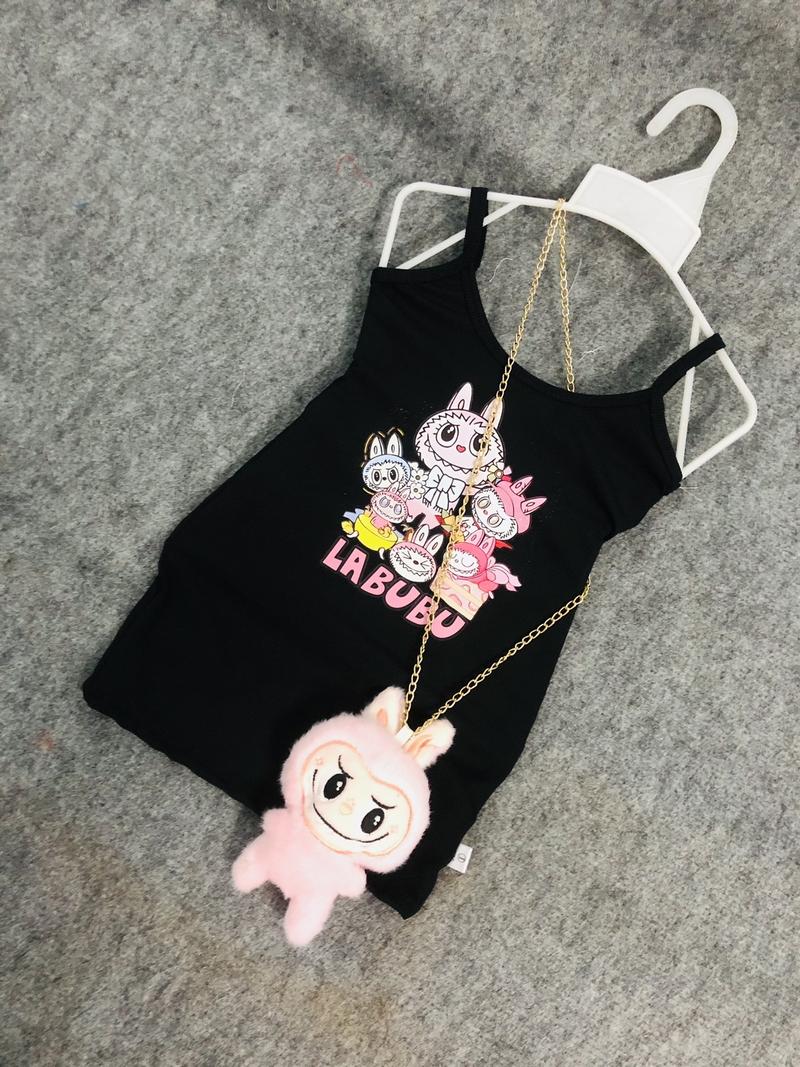Product Introduction of Đầm body in hình LABUBU,kèm gấu có xích đeo cho bé gái có size từ (7/26kg) Thun 2
