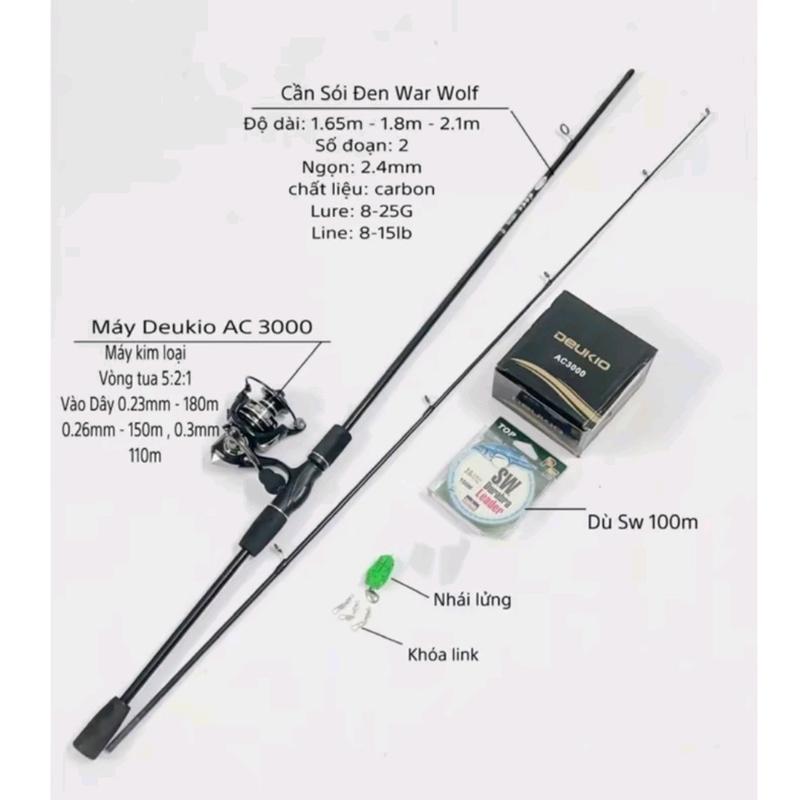 Combo cần câu lure sói đen máy đứng AC 3000 , dù SW 100m , nhái hơi , 3 khoá link Đi Câu Fishing Câu Cá cân combo máy đứng câu lure ul