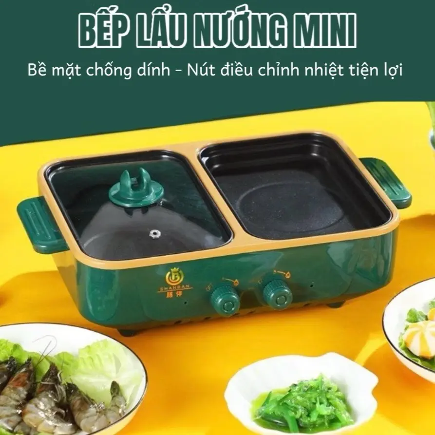 Bếp Lẩu Nướng Điện 2 Ngăn Đa Năng Hàn Quốc, Nồi Lẩu 2 Trong 1 Chống Dính Tiện Lợi Công Suất Cao 300W