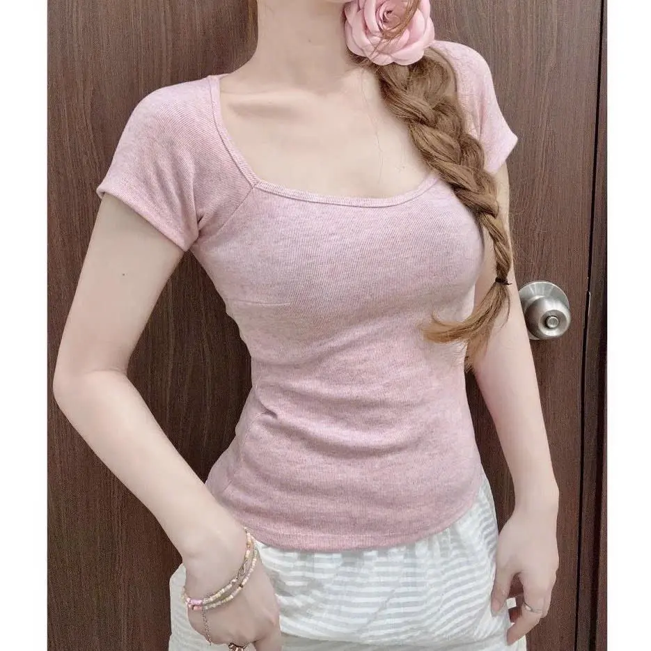 Ela Clothing- Áo Thun Cotton tăm đanh nữ cổ vuông tôn dáng