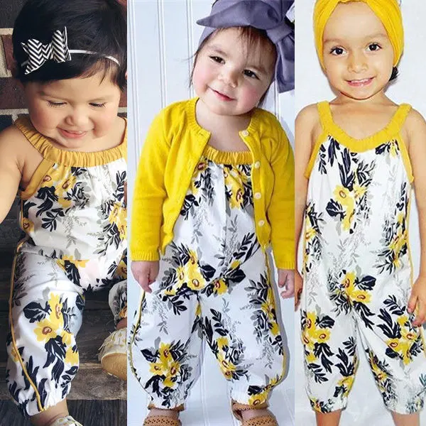 Baby Girls Jumpsuit, Floral Pattern Sleeveless Loose Romper, Summer One-Piece Long Pants Jumpsuit Pants，Age: 0-12Months，1-4 Years