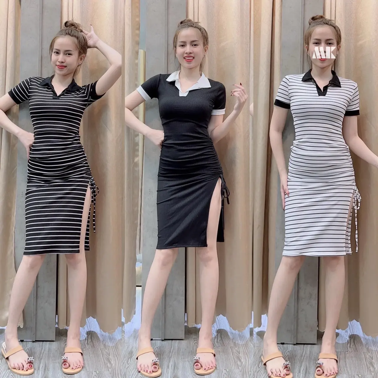 Đầm Body Cổ Bẻ Phối Viền Tay Ngắn Xẻ Tà Rút Dây 1 Bên Chất Thun Gân Dày Dặn BST1102503 Nữ Women Dress Voan Voi