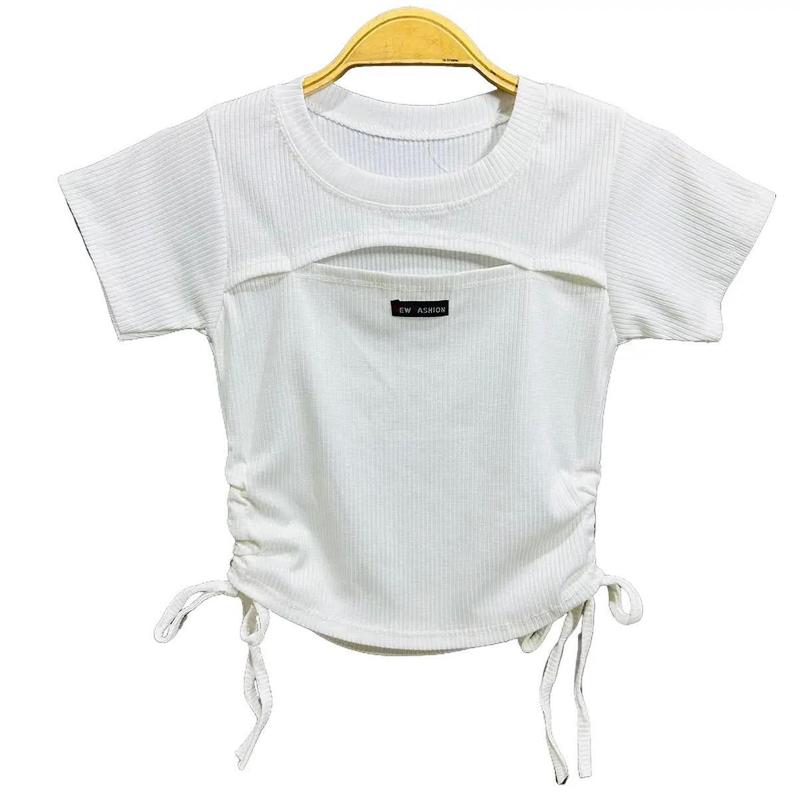 Áo thun nữ croptop thời trang hở ngực rút dây eo kèm logo Cổ Tròn Màu Trắng Nhung Women Kem a o vua  thái lan