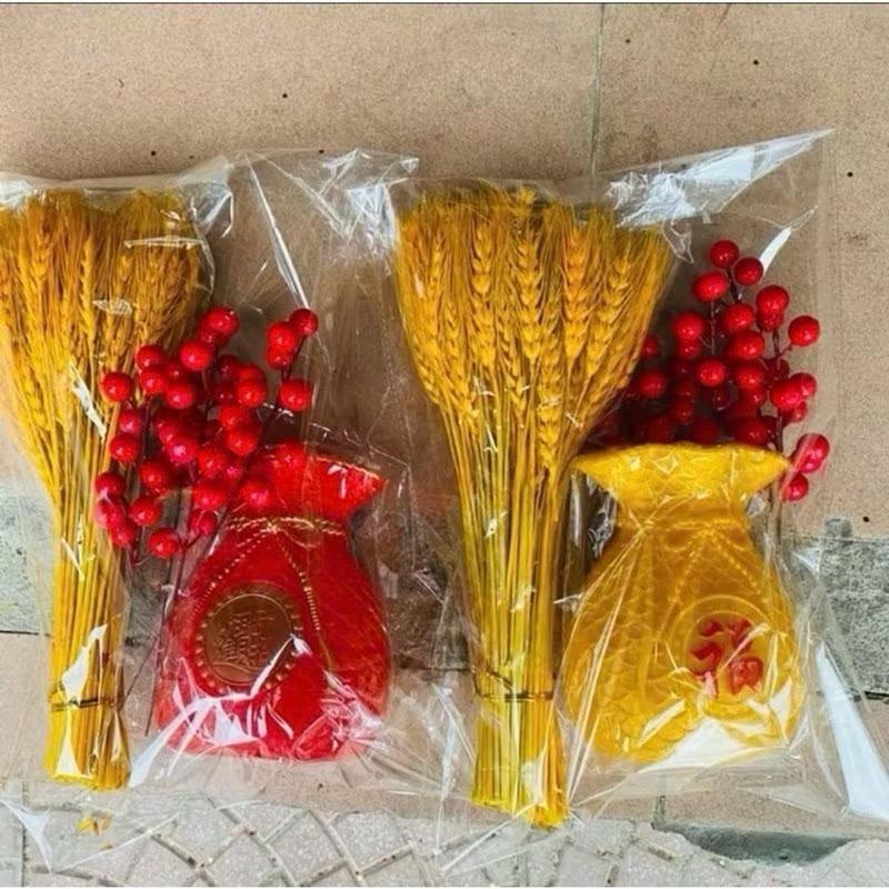 Bộ Bình Hoa Tài Lộc Bông Lúa Mạch 3 Món + 5 Nhánh Đào Đông + Bình Cắm Decor Lọ Hoa Decor Phòng Trang Trí Nhà rất đẹp